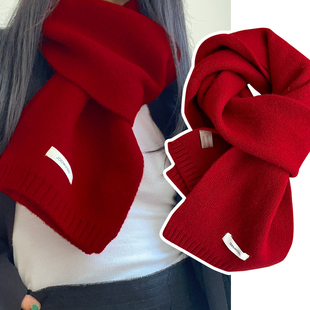 针织毛线纯羊毛大红色中国红围巾，女生秋冬季短小围脖护颈加厚软糯