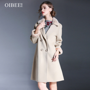 oibee欧芘2023春女装水貂，毛领双排扣毛呢，外套中长款大衣女