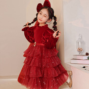 儿童礼服公主裙红色高级蓬蓬纱女童圣诞钢琴演出主持人晚礼服春款