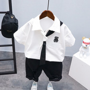 男童夏装套装韩版潮流帅气领带短袖，t恤中小童装洋气宝宝衣服短裤