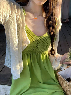 波西米亚风绿色流苏吊带，连衣裙女夏季小个子娃娃裙气质多巴胺短裙