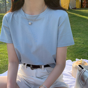 蓝色t恤女夏季2024纯棉圆领短袖设计感小众小个子纯色上衣