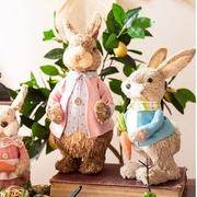 JK慕空间 手工草编尼龙编织彼得兔对兔装饰摆件 可爱动物装饰