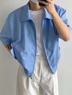 欧货~原单丨蓝色条纹拉链束腰短款衬衣夏季翻领短袖衬衫美式