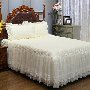 好梦连连轻奢床单，床裙纯棉床罩白色蕾丝欧式夹棉全棉四季通用床盖