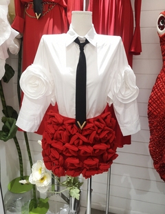 名媛风金色V字领带休闲衬衫衬衣女法式立体玫瑰花朵半身裙裤套装