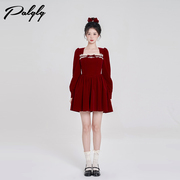 法式红色方领灯笼袖，连衣裙冬季挂脖设计甜美收腰小个子裙女装