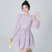 美丽衣橱紫色连衣裙秋装，女2023年小个子，短款收腰显瘦公主裙子