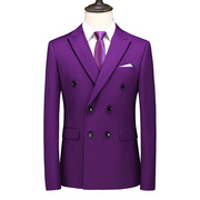 男士单西外套春秋季纯色，双排扣西装紫色修身西服，商务休闲男装上衣