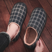 日式布艺格子棉拖鞋男秋冬季包跟室内厚底，保暖防滑家居家用棉鞋女