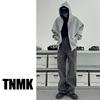 tnmk美式重磅500g灰色开衫卫衣，男女纯色基础连帽短款拉链帽衫外套