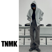 tnmk美式重磅500g灰色，开衫卫衣男女纯色基础，连帽短款拉链帽衫外套