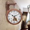 香樟木双面挂钟现代简约两面，实木钟表客厅欧式家用静音复古石英钟