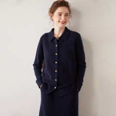 2023秋冬韩版女士羊绒混纺Polo领长袖纯色外搭单排扣女士开衫