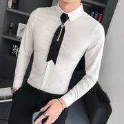 发型师衬衫男士短袖韩版潮流修身五分袖，7分衬衣帅气领带中袖寸衫