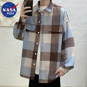 NASA AQAE日系复古条纹衬衫长袖潮牌春季宽松情侣休闲衬衣外套M
