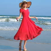 雪纺红色波西米亚沙滩裙女收腰显瘦妈妈减龄海边度假短袖长裙