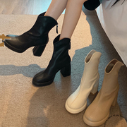 2023瘦瘦靴子女春秋季单靴韩系小裸靴粗跟高跟短靴马丁靴女靴