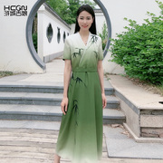 夏季中式白绿渐变竹叶刺绣V领交襟气质优雅大气收腰女显瘦连衣裙