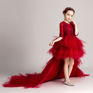 儿童礼服公主裙女童拖尾婚纱，超长走秀小花童，钢琴演出服表演红色仙