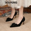 tataperko联名蝴蝶结尖头高跟鞋，女细跟单鞋绒面，工作鞋女黑色