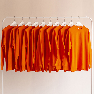 秋季橙色橘色重磅纯棉打底衫，圆领上衣bf风长袖，t恤男女宽松潮