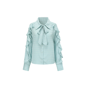 Xandra设计师品牌蓝色缎感荷叶袖蝴蝶结领衬衫上衣23SS