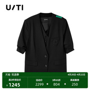 uti联名款黑色假两件中袖西装，女设计感休闲上衣尤缇2024春季