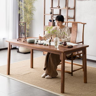 新中式书桌全实木办公桌一字桌，小户型老榆木，禅意书画桌子书房家具