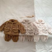秋冬婴儿家居服套装可爱小熊毛绒外套儿童加绒睡衣两件套