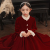 花童婚礼儿童红色丝绒礼服高端长裙女童公主裙秋冬女孩钢琴演出服