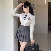 秋季韩版校服英伦学院风，jk制服衬衫女装长袖，白色衬衣减龄条纹上衣