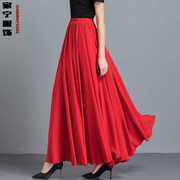 红色大摆雪纺半身裙长裙，夏季大码纯色，百褶女裙高腰广场舞纱裙