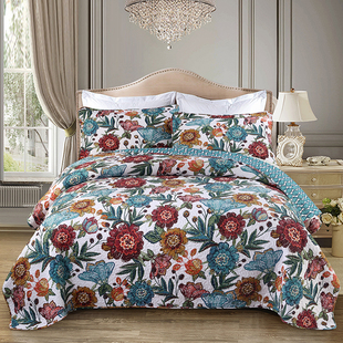 欧式全棉绗缝床盖三件套单件衍缝被双人床铺盖夹棉加厚床单床罩