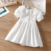 女童白色连衣裙童装夏季裙子2023夏装蕾丝包边娃娃领短袖衬裙