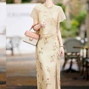 2023新中式套装女夏国风，印花旗袍高端气质，性感包臀裙子两件套