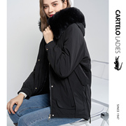 鳄鱼黑色毛领棉服女短款棉衣，冬季设计感宽松加厚保暖夹克外套