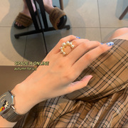 设计师款珍珠半圆戒指女秋轻奢气质韩国复古开口指环个性小众戒子