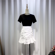 时尚套装女夏季黑色体恤t恤+褶皱半身裙黑白两件套装裙子套裙