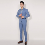 川泽男士浅蓝色西装二件套韩版修身单排扣西服套装轻商务套西
