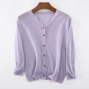 100%亚麻薄款紫色针织开衫外套，女夏季披肩防晒空调衫罩衫
