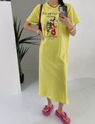 韩国夏季女士棉混纺卡通印花休闲短袖连衣裙过膝长裙黄色