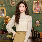 女装衣依阿玛施2024春秋，时尚气质韩版蕾丝，拼接甜美钉珠衬衫