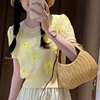 法式黄色小雏菊花朵刺绣针织短袖T恤女夏季设计感泡泡袖上衣