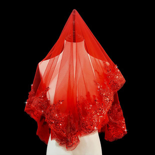 红色中国风结婚新娘红盖头半透明头纱秀禾服喜帕中式婚礼头纱头饰