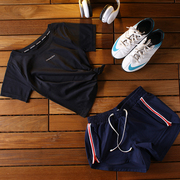 字母短袖运动套装女弹力瑜伽速干短裤，跑步训练健身服半袖两件套
