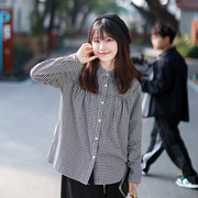 艺野系日系文艺复古黑白小格子长袖衬衫，女2024早春小个子衬衣
