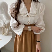 韩国chic法式减龄娃娃领珍珠点缀长袖衬衫，+高腰显瘦大摆型半身裙