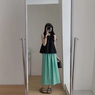 2023夏季韩国chic宽松高品质无袖棉上衣+糖果色半裙两件套