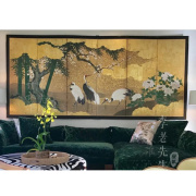 现代新中式仙鹤卧室沙发背景墙纸茶室日式屏风法式中古无纺布壁纸